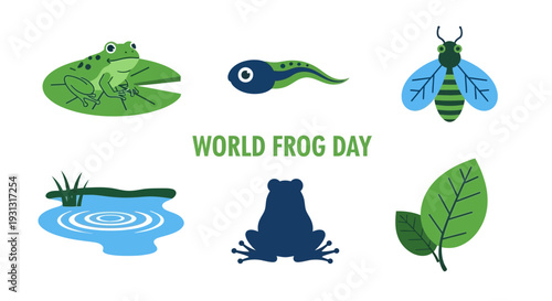 World Frog Day graphic with frog tadpole insect pond and leaves