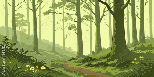 Tall, slender trees line a winding dirt path leading uphill through a misty, shaded forest with bright yellow wildflowers growing in the foreground.