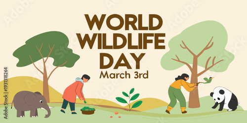 Two people plant trees and care for wildlife, including an elephant and a panda, celebrating World Wildlife Day March 3rd.