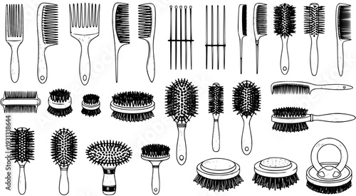 Hairdressing Tools Collection: Detailed Line Art of Various Combs, Brushes, and Styling Equipment. Professional Grooming and Beauty Essentials Vector Set.