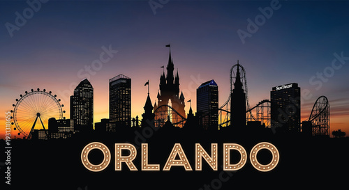 Orlando city skyline with theme park attractions at sunset