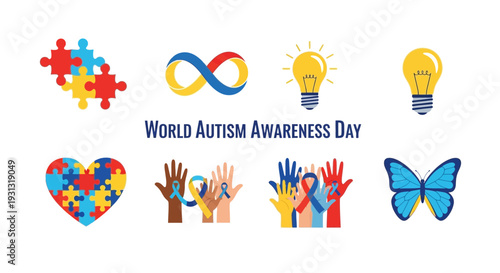World Autism Awareness Day graphic with puzzle pieces infinity symbol lightbulbs hands and a butterfly