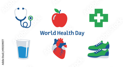 Six healthrelated icons surrounding the World Health Day text