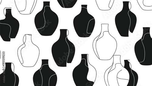 Artistic seamless pattern featuring a variety of minimalist vase silhouettes in a black and white monochromatic style.