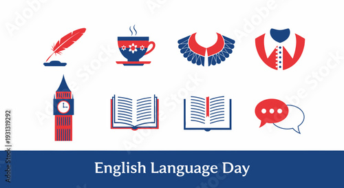 Graphic design with icons related to English language and culture on a white background above a blue banner