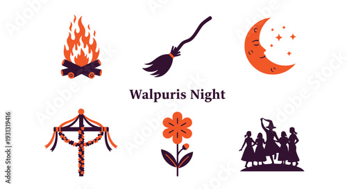 Walpurgis Night graphic featuring six icons bonfire broom moon maypole flower and dancing figures