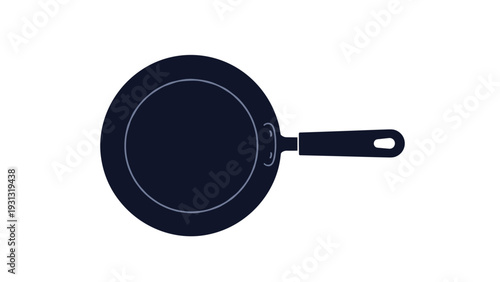 Minimalist top-down silhouette of a classic black frying pan with a long handle on a clean white background.
