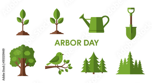 Flat design icons for Arbor Day featuring trees gardening tools and a bird