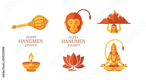 Six orange and yellow flat graphic icons related to Hanuman Jayanti celebration