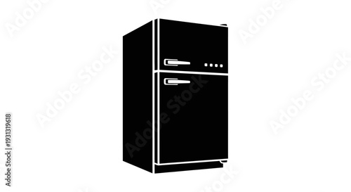 Retro black refrigerator with a clean silhouette, evoking a vintage kitchen appliance aesthetic