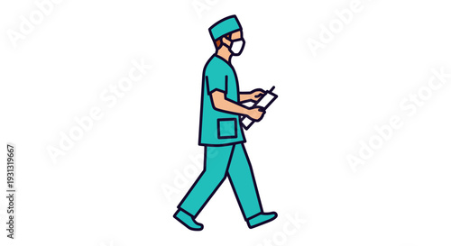 Medical professional in uniform walking with clipboard and mask, conveying healthcare services and hospital work