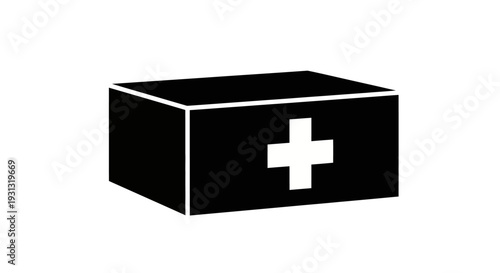 Minimalist silhouette icon of a first aid box, representing essential medical supplies, emergency preparedness, and general health assistance in a clean graphic design