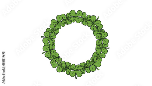 Decorative green wreath made of four-leaf clovers, symbolizing good luck and nature, isolated on a clean white background.