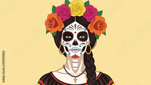 Beautiful woman with traditional sugar skull face paint and a crown of colorful roses for Day of the Dead celebration.