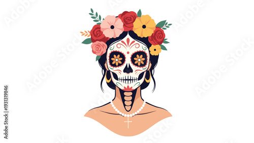 Portrait of a woman with ornate sugar skull makeup and a vibrant floral headpiece for traditional Dia de los Muertos festivities.