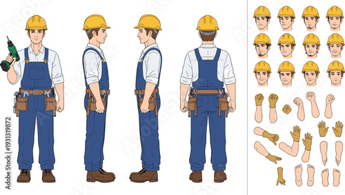 Construction worker character turnaround with helmet tools facial expressions and hand gestures vector illustration set