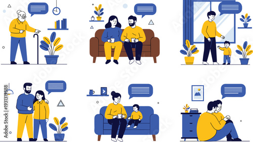 Family daily life scenes collection with parents children elderly home activities communication vector illustration set