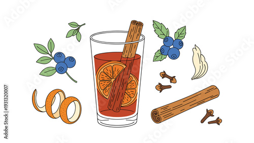 Ingredients for mulled wine including a glass of drink, cinnamon sticks, orange slices, cloves, and blueberries on white.