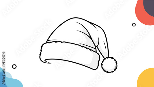 Classic black and white line art illustration of a festive Santa hat with fluffy trim and pompom on a modern background.