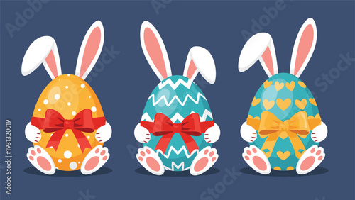 Three adorable Easter bunnies represented by decorated eggs with long ears, paws, and bows in vibrant colors on blue.