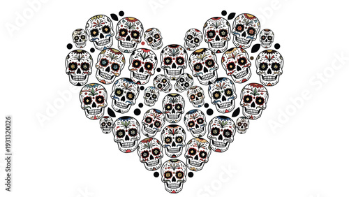 Heart-shaped arrangement composed of many small, uniquely decorated sugar skulls for Mexican Day of the Dead celebration.