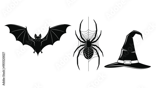 Trio of black Halloween icons featuring a bat with spread wings, a spider in its web, and a pointed witch hat on white.