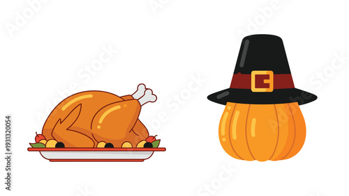 Traditional Thanksgiving elements featuring a roasted turkey on a platter and a pumpkin wearing a black pilgrim hat.