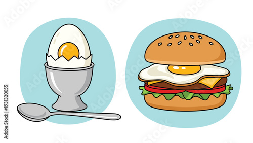 Colorful illustration of a soft-boiled egg in a cup next to a delicious burger topped with a fried egg on light blue.
