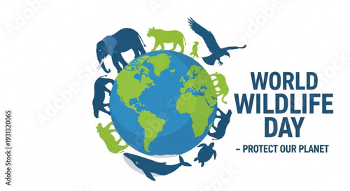 World wildlife day poster with globe and animals protect our planet campaign