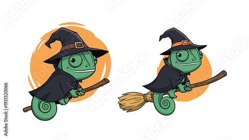 Two versions of a cute green chameleon dressed as a wizard flying on a broomstick against a glowing orange sun circle.