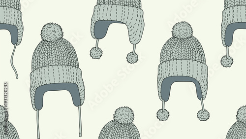 Seamless pattern of hand drawn winter hats with pom-poms and ear flaps in light blue and gray colors on cream background.