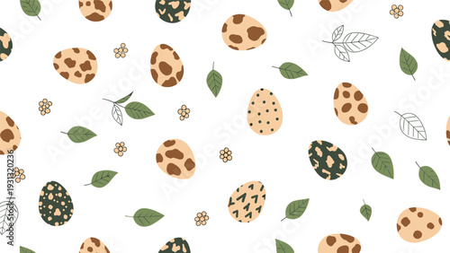 Seamless Easter pattern featuring speckled eggs in various brown tones mixed with green and white leaves on a white field.