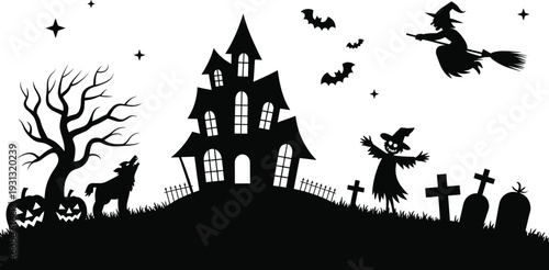 Halloween haunted house silhouette on hill, spooky graveyard, witch flying broomstick, bats, jack‑o‑lanterns, wolf howling, eerie night, festive horror