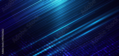Abstract blue speed light streak background with glowing digital particles.