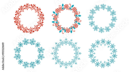 Collection of six festive winter wreaths including candy canes, red floral arrangements, and various blue snowflake designs.