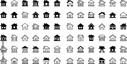 Vector illustration of diverse house icons in various styles and orientations