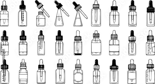 Hand-drawn sketch illustration vector set of various dropper bottles for essential oils, serum, and cosmetic products. Detailed black and white line art drawings of beauty containers.