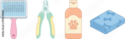 Pet Grooming Tools and Shampoo Bottle