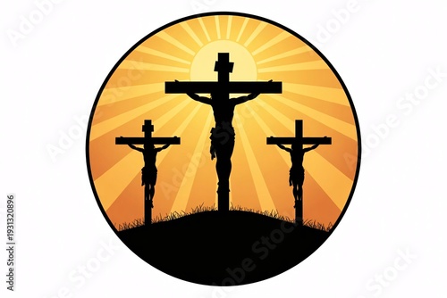Crucifixion scene with three crosses on a hill against a vibrant orange sunburst background