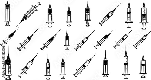 Seamless monochrome pattern of vintage medical syringes and needles, an array of injection tools for healthcare, pharmaceutical, and vaccination themes.