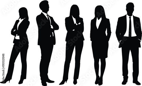 Business professionals standing together, corporate teamwork concept, diverse leadership silhouettes, confident executives, office collaboration, modern workplace diversity, professional attire group