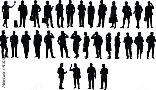 Business silhouettes of diverse professionals, standing, walking, talking, using phone, holding briefcases, corporate lifestyle, teamwork, office concept, organizational diversity illustration