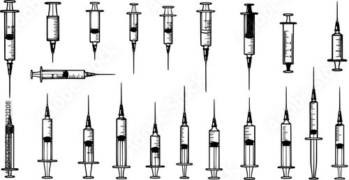 Hand drawn sketch collection of various medical syringes and needles for injection, vaccination, and healthcare illustration, isolated on white background.