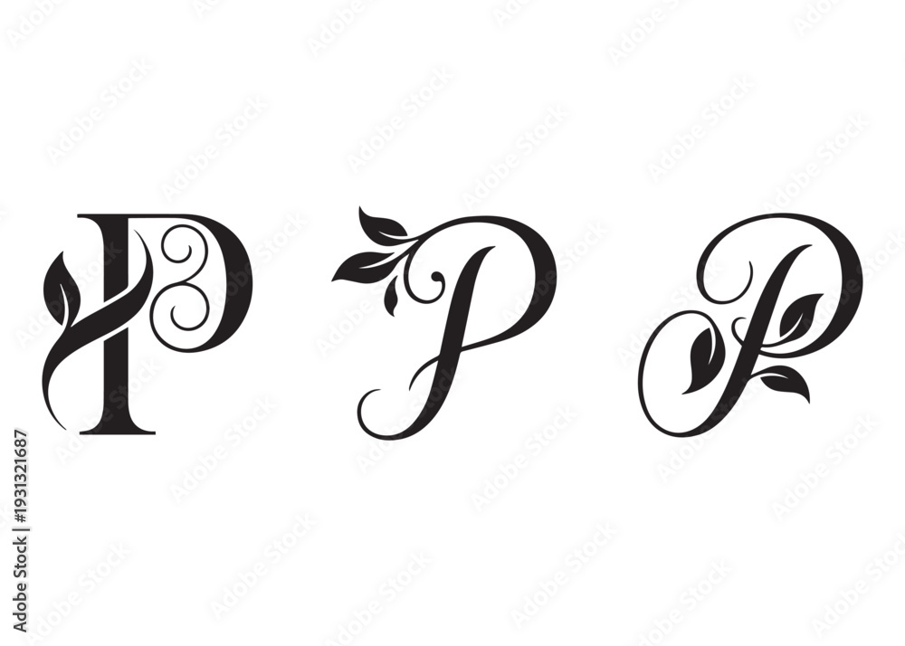 Fototapeta premium Stylish letter p monogram with leaf embellishments for elegant logos