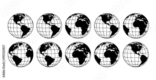 Black and White Globe Hemisphere Set with Latitude Longitude Grid Vector Illustration