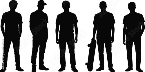 Male silhouette figures set, standing poses, casual style, baseball cap, posture design, lifestyle illustration, character artworkMale silhouette figures set, standing poses, style, baseball cap, 