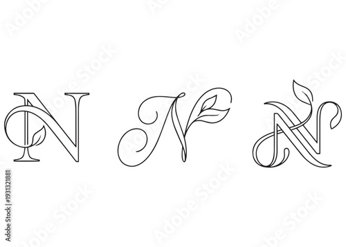 Minimalist letter n monogram with delicate leaf and vine details vector