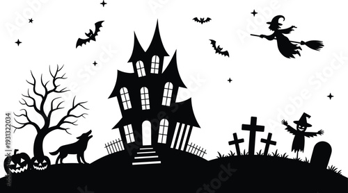 Halloween haunted house silhouette, spooky graveyard, witch flying broomstick, bats, jack‑o‑lanterns, wolf howling, eerie night scene, festive horror