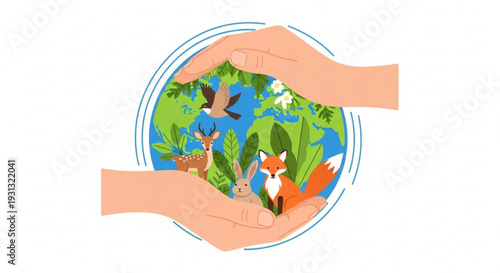Hands cradling globe with animals and lush greenery symbolizing environmental conservation and wildlife protection