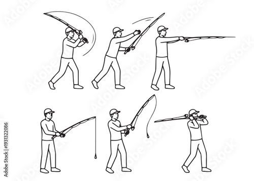 Fisherman casting fishing rod in series of actions for sport recreation
